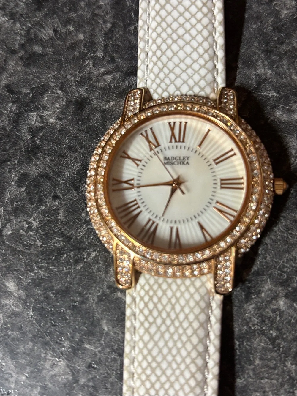 Badgley Mischka Women's White and Rose Gold Crystal Watch